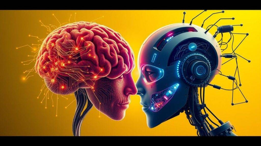 AI vs human intelligence comparison showing a human brain facing a robotic artificial intelligence head