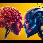 AI vs human intelligence comparison showing a human brain facing a robotic artificial intelligence head