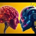 AI vs human intelligence comparison showing a human brain facing a robotic artificial intelligence head