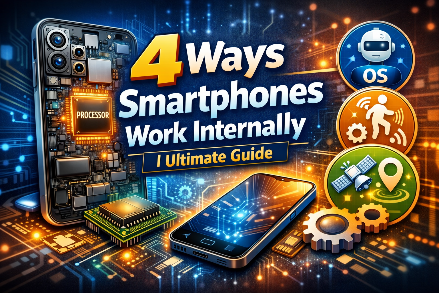 Illustration showing 4 ways smartphones work internally, including processor, operating system, sensors, and hardware components