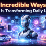 "Illustration showing how AI is changing daily life, featuring smart devices, digital circuits, and intelligent technology, highlighting AI's role in modern life."