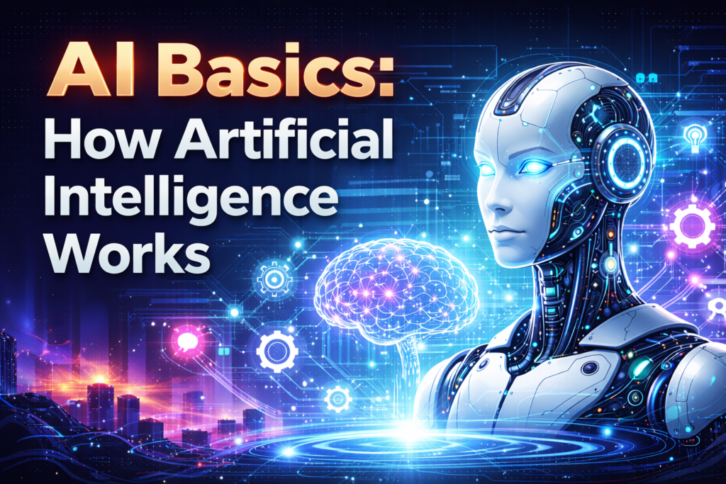 Futuristic humanoid robot with glowing circuits and a digital brain illustrating artificial intelligence and advanced intelligence technology.