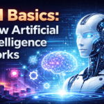 Futuristic humanoid robot with glowing circuits and a digital brain illustrating artificial intelligence and advanced intelligence technology.