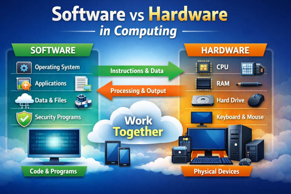 Infographic-style digital illustration showing the interaction of hardware and software in computing, featuring a computer, CPU, keyboard, mouse, and software icons like apps, cloud, and code, in a modern futuristic design.