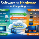 Infographic-style digital illustration showing the interaction of hardware and software in computing, featuring a computer, CPU, keyboard, mouse, and software icons like apps, cloud, and code, in a modern futuristic design.