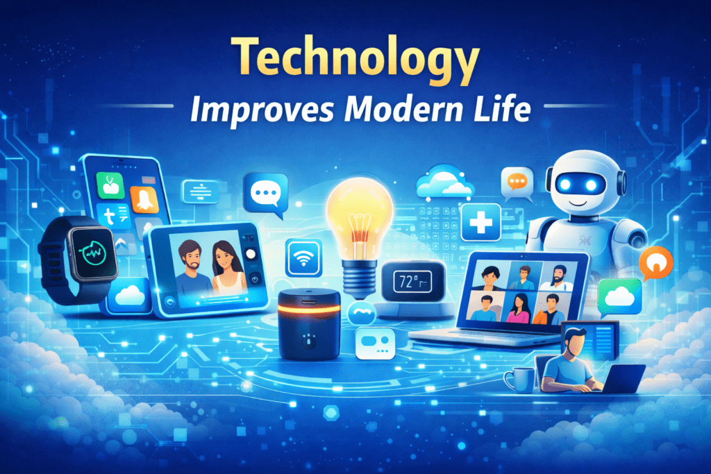Digital infographic illustrating how technology improves modern life, featuring smartphones, laptops, smart home devices, AI icons, cloud computing, and connected digital networks in a bright, futuristic design.