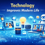Digital infographic illustrating how technology improves modern life, featuring smartphones, laptops, smart home devices, AI icons, cloud computing, and connected digital networks in a bright, futuristic design.