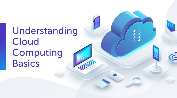 Cloud computing diagram showing how computing services, storage, and applications work over the internet
